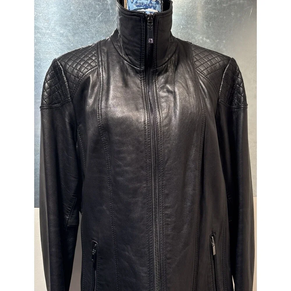 "Anne Klein Coat" Moto Jacket 2X Black 100% Leather Quilted Shoulders Full Zip - Picture 8 of 16